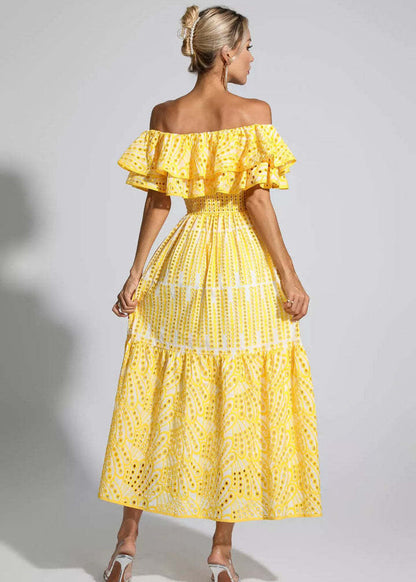 Ruffle Off Shoulder Dress Yellow Embroidered Midi