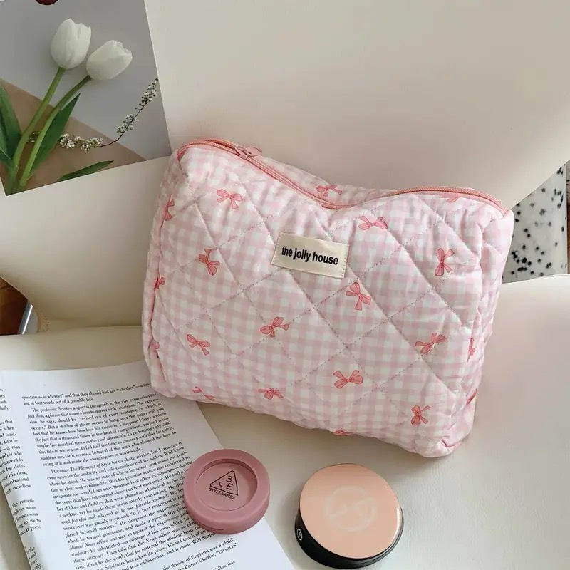 Large Capacity Plaid Bow Cosmetic Bag Retro Style