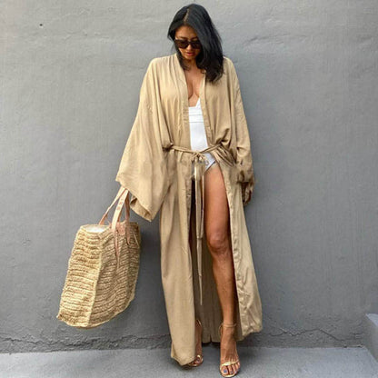 New Cotton Loose Long Cardigan Beach Sun Protection Jacket Beach Vacation Bikini Cover Up Swimsuit For Women'S Outerwear
