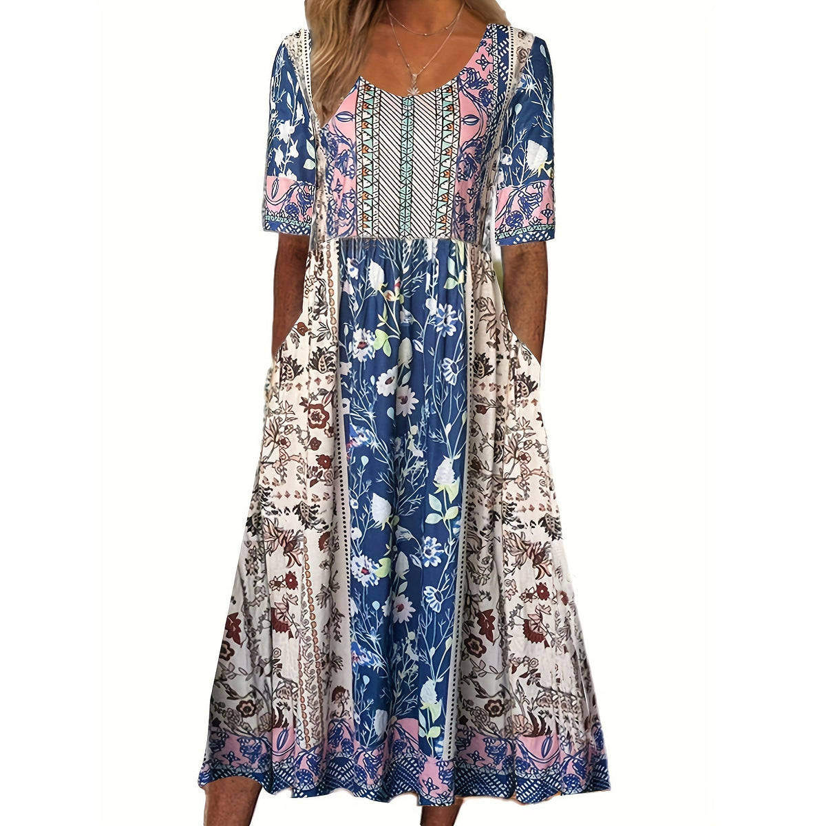 Summer New Women'S Round Neck Short Sleeve Long Skirt Bohemian Print Dress