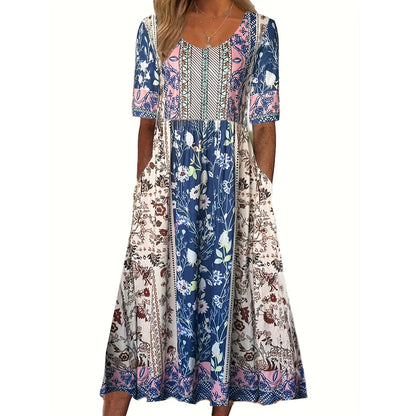 Summer New Women'S Round Neck Short Sleeve Long Skirt Bohemian Print Dress