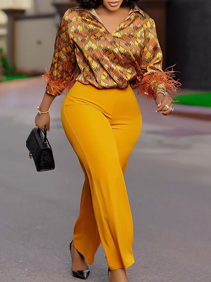 Elegant Printed Long Sleeve Shirt And Wide Leg Pants Set
