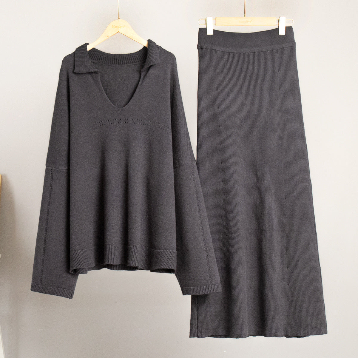 2 Pcs Trendy Knit V-Neck Sweater Maxi Skirt Set