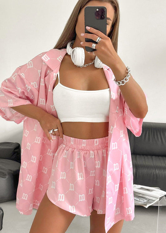 Satin Two Piece Lounge Set With Monogram Print