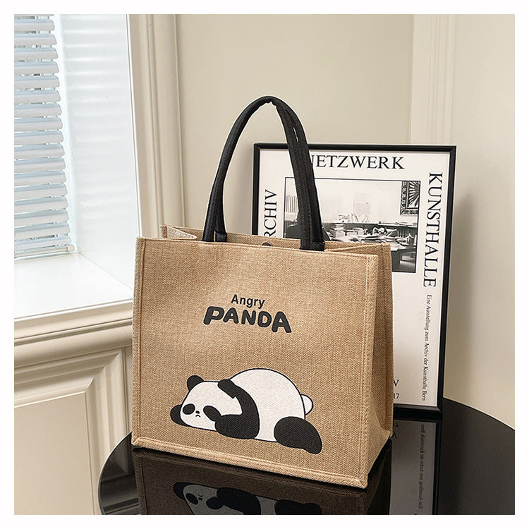 Portable Panda Canvas Tote Bag Cute Retro Shopping Bag