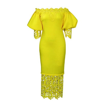 Off-The-Shoulder Lace Detail Pencil Dress With Lantern Sleeves