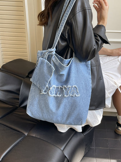 Trendy Denim Tote Bag Stylish Large Capacity Shoulder Bag