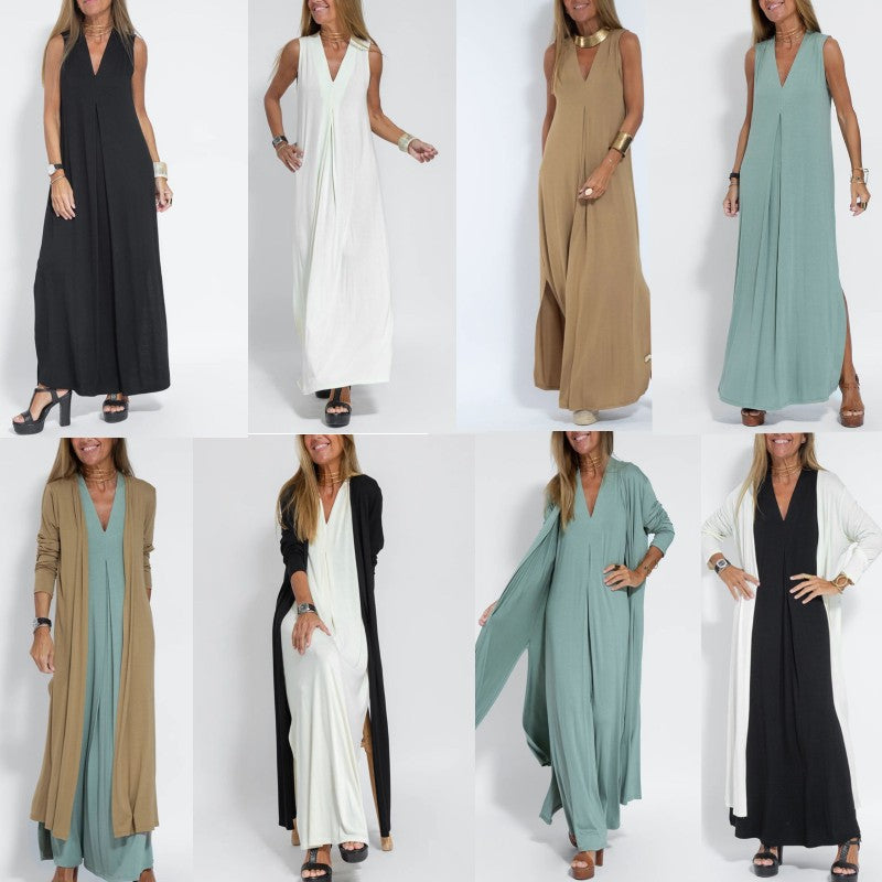 Solid Color V-Neck Maxi Dress and Cardigan Set for Women