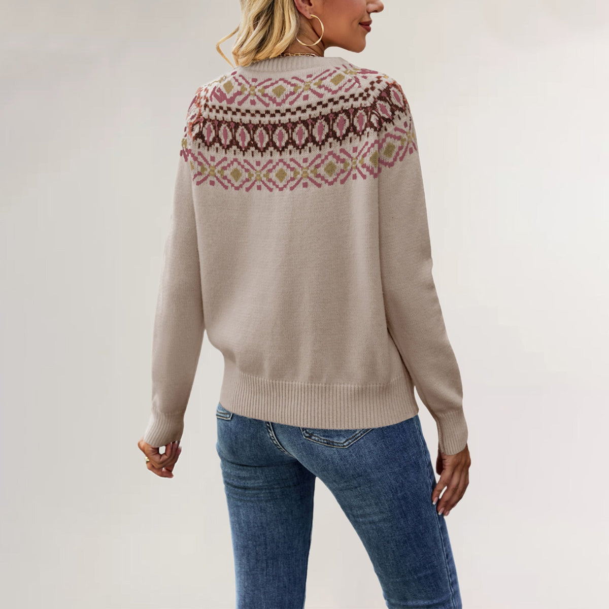Vintage Jacquard Round Neck Pullover Knit Sweater