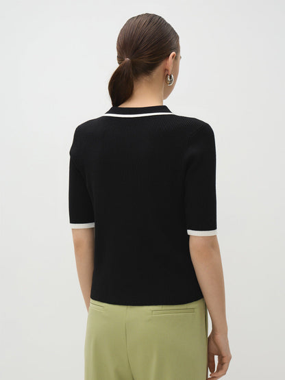 Ribbed Knit Polo Collar Short Sleeve Sweater