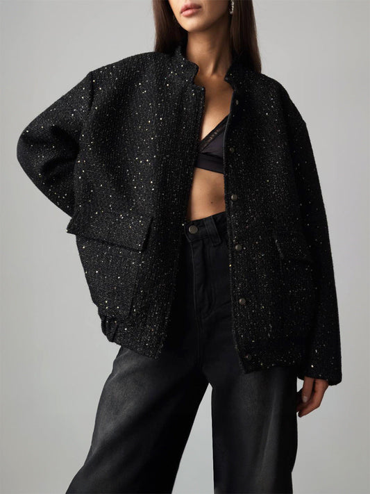 Sequin Detail Stand Collar Jacket Stylish Casual Outerwear