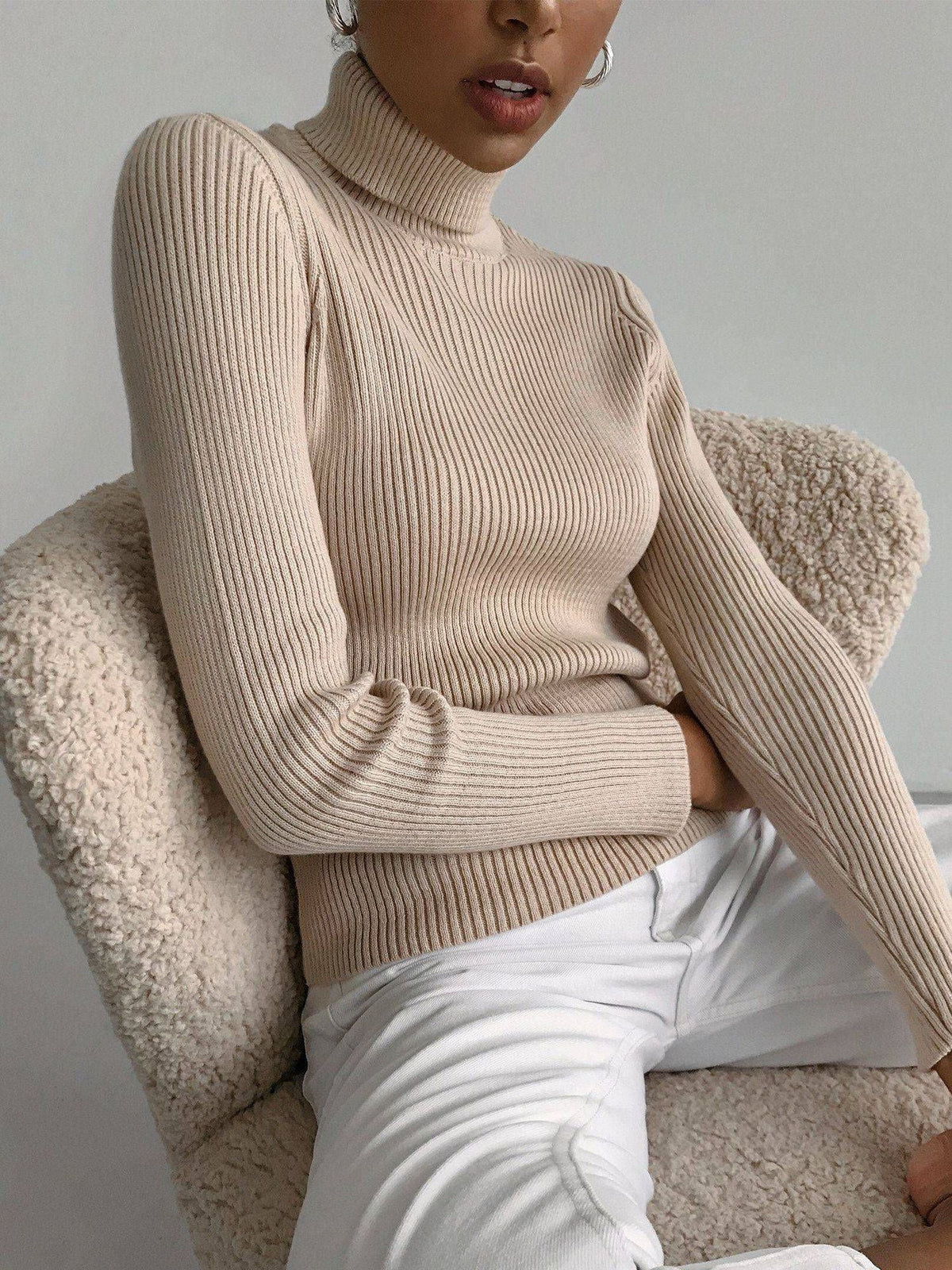 High Neck Knit Sweater Casual Pullover for Women