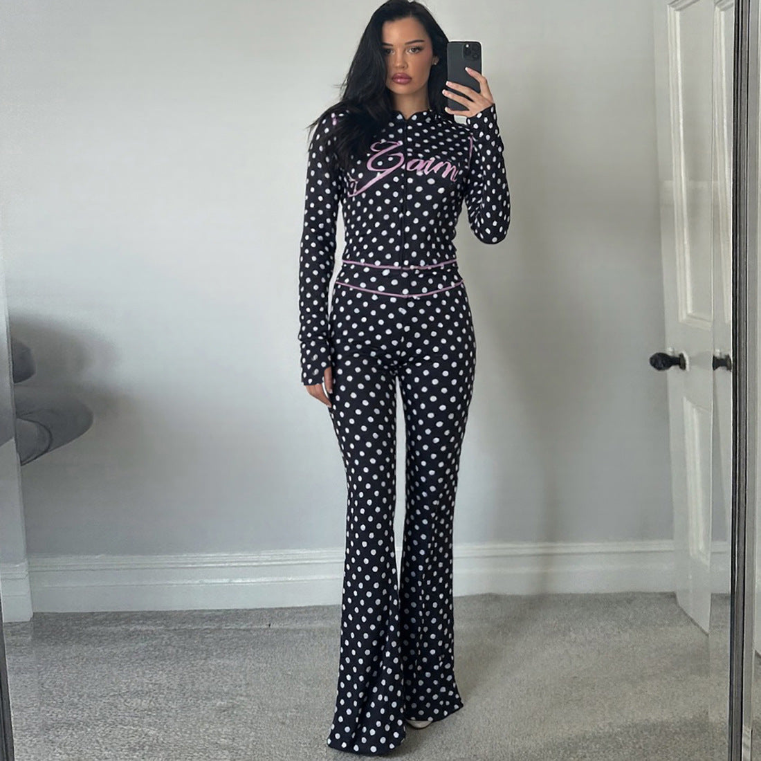 Dot Letter Print Hooded Crop Top And Long Pants Set