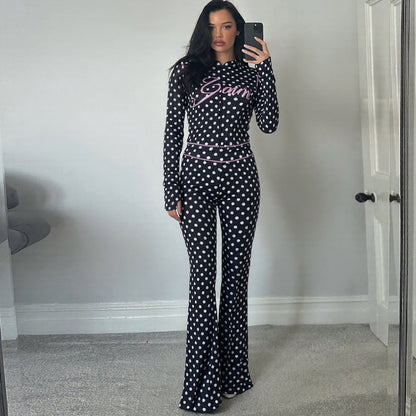 Dot Letter Print Hooded Crop Top And Long Pants Set