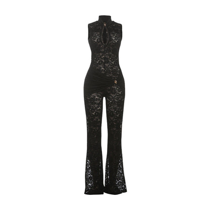 Sleeveless Lace Panel Jumpsuit - High Waist Slim Fit