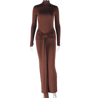 Solid Color Long Sleeve Dress With Tie Waist For Casual Style
