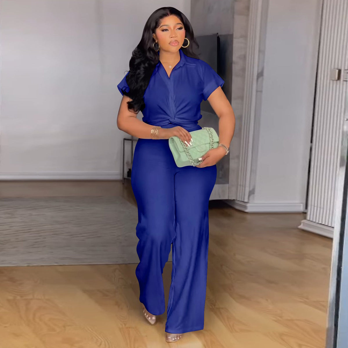 Casual Two-Piece Solid Color Short Sleeve Blouse And High Waist Pants Set