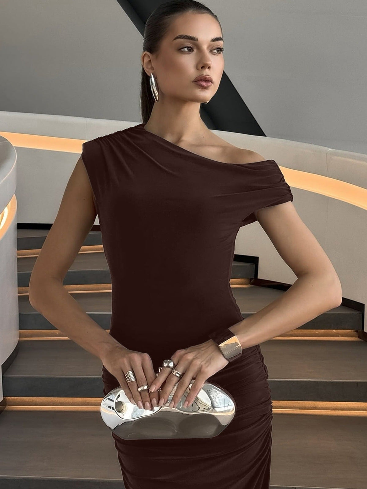 Fitted Elegant Solid Color Sleeveless Midi Dress