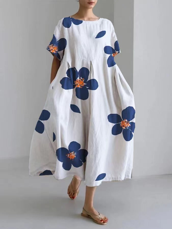 Digital Printing Small Chrysanthemum Women'S Casual Short Sleeve Swing Long Skirt Dress
