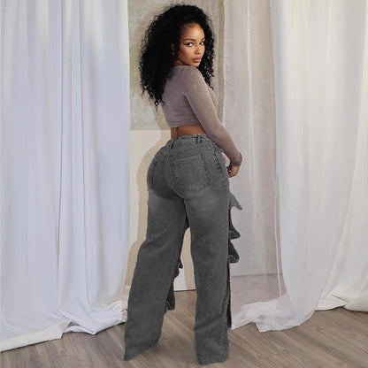 Trendy High-Waisted Straight Leg Jeans With Detachable Buttons