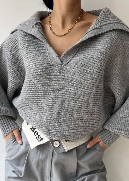 Ribbed Knit Sweater With Structured Collar
