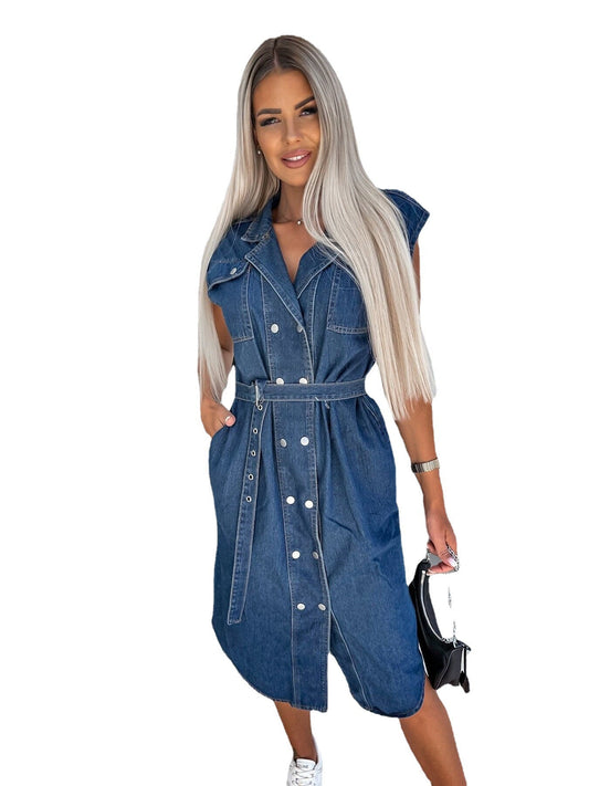 Casual Sleeveless Denim Dress with Polo Collar and Waist Tie