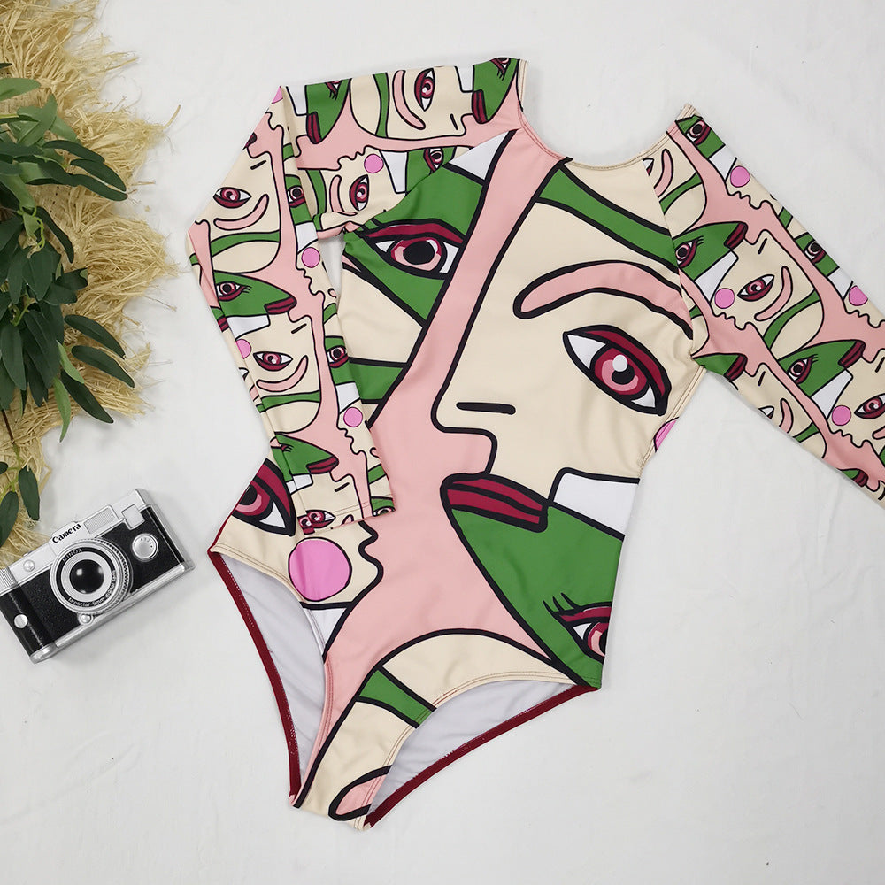 Long Sleeve Abstract Printed One-Piece Swimsuit Women'S Surfing Suit Swimwear Sports Sexy Surfing Wetsuit
