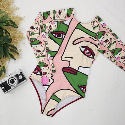 Long Sleeve Abstract Printed One-Piece Swimsuit Women'S Surfing Suit Swimwear Sports Sexy Surfing Wetsuit