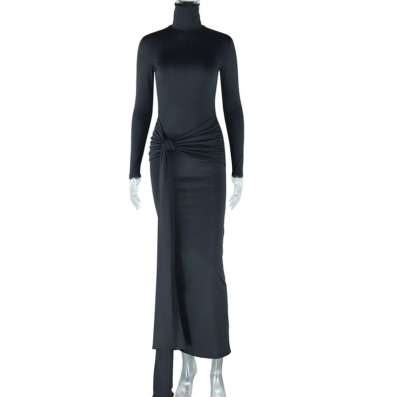 Solid Color Long Sleeve Dress With Tie Waist For Casual Style