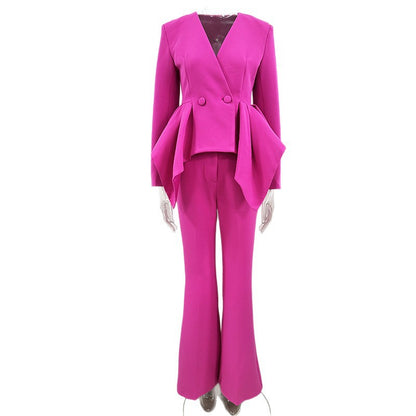 Designer Ruffled Top & Flared Pants Set - Elegant Casual Wear