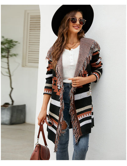 Autumn And Winter Loose Hooded Long Sweater Coat Tassel Geometric Jacquard Sweater Cardigan