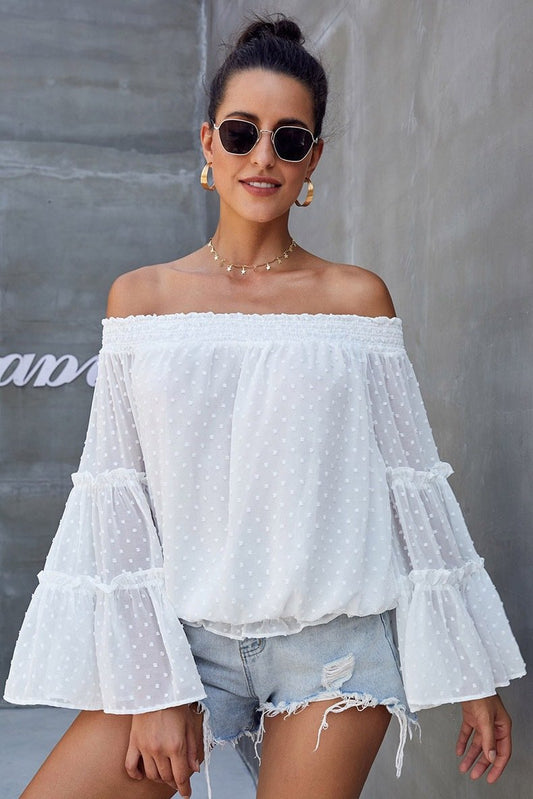 Long Sleeve Flared Chiffon Strapless Neck Openwork Blouse