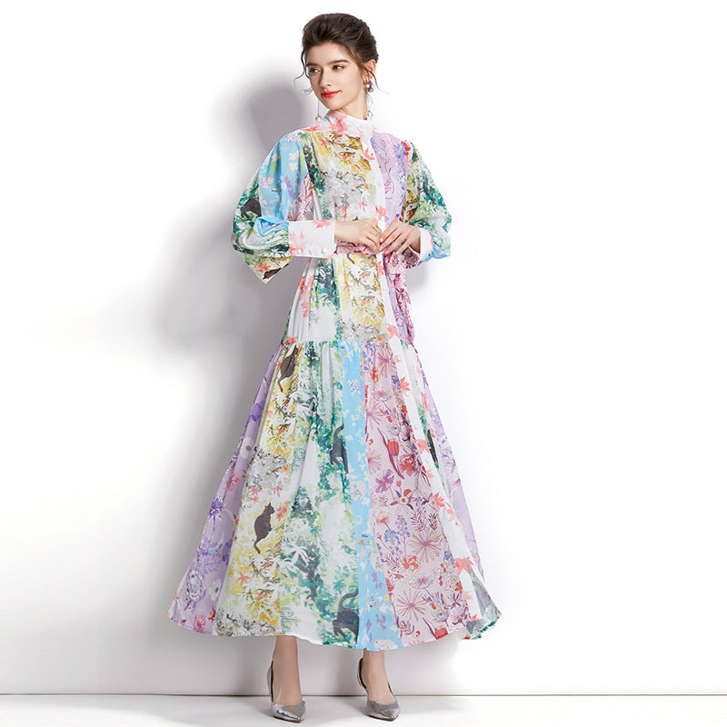 Dresses Spring And Summer Women'S Fashion Temperament Long Sleeve Print Shirt Long Skirt Tie Skirt