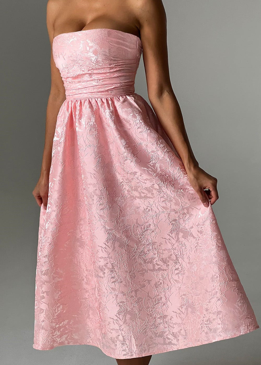 Strapless Jacquard Midi Dress with Corset Back