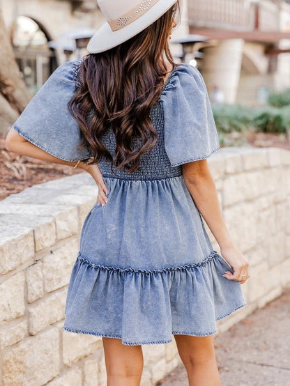 Casual Denim A-Line Dress with Short Sleeves