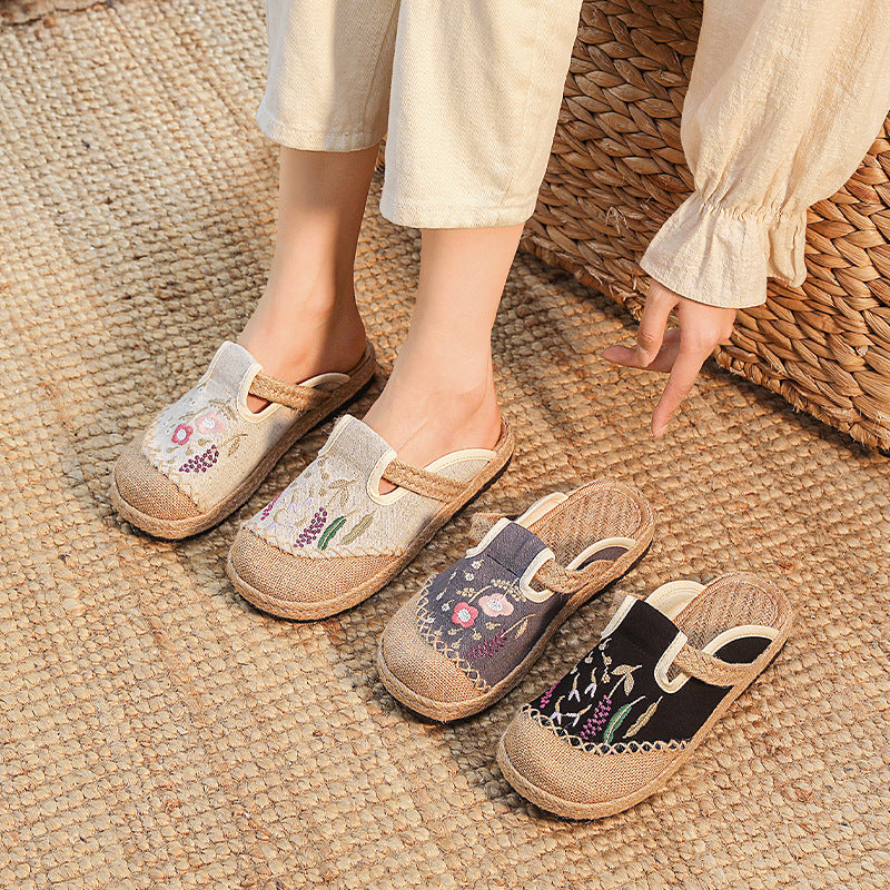 Summer New Ethnic Style Embroidered Slippers Women'S Beef Tendon Bottom Cloth Shoes Women Hand-Woven Linen Straw Shoes