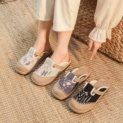 Summer New Ethnic Style Embroidered Slippers Women'S Beef Tendon Bottom Cloth Shoes Women Hand-Woven Linen Straw Shoes
