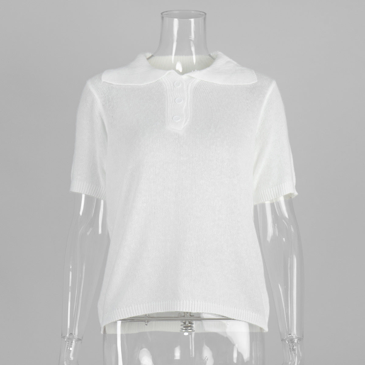 Casual Polo Knitted Short Sleeve Sweater With Puff Sleeves