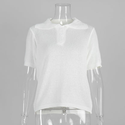 Casual Polo Knitted Short Sleeve Sweater With Puff Sleeves