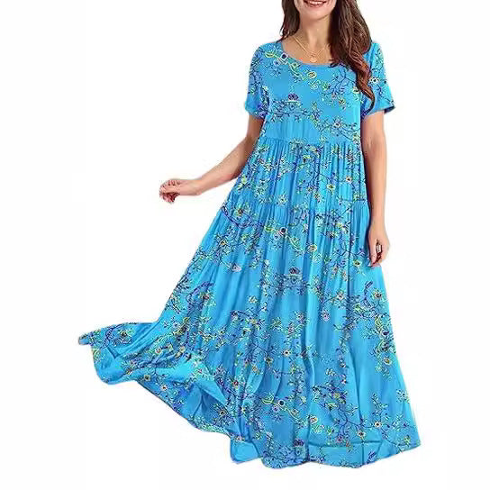 Summer Beach Medium And Long Dress Comfortable Pleated Dress Casual Loose Floral Dress
