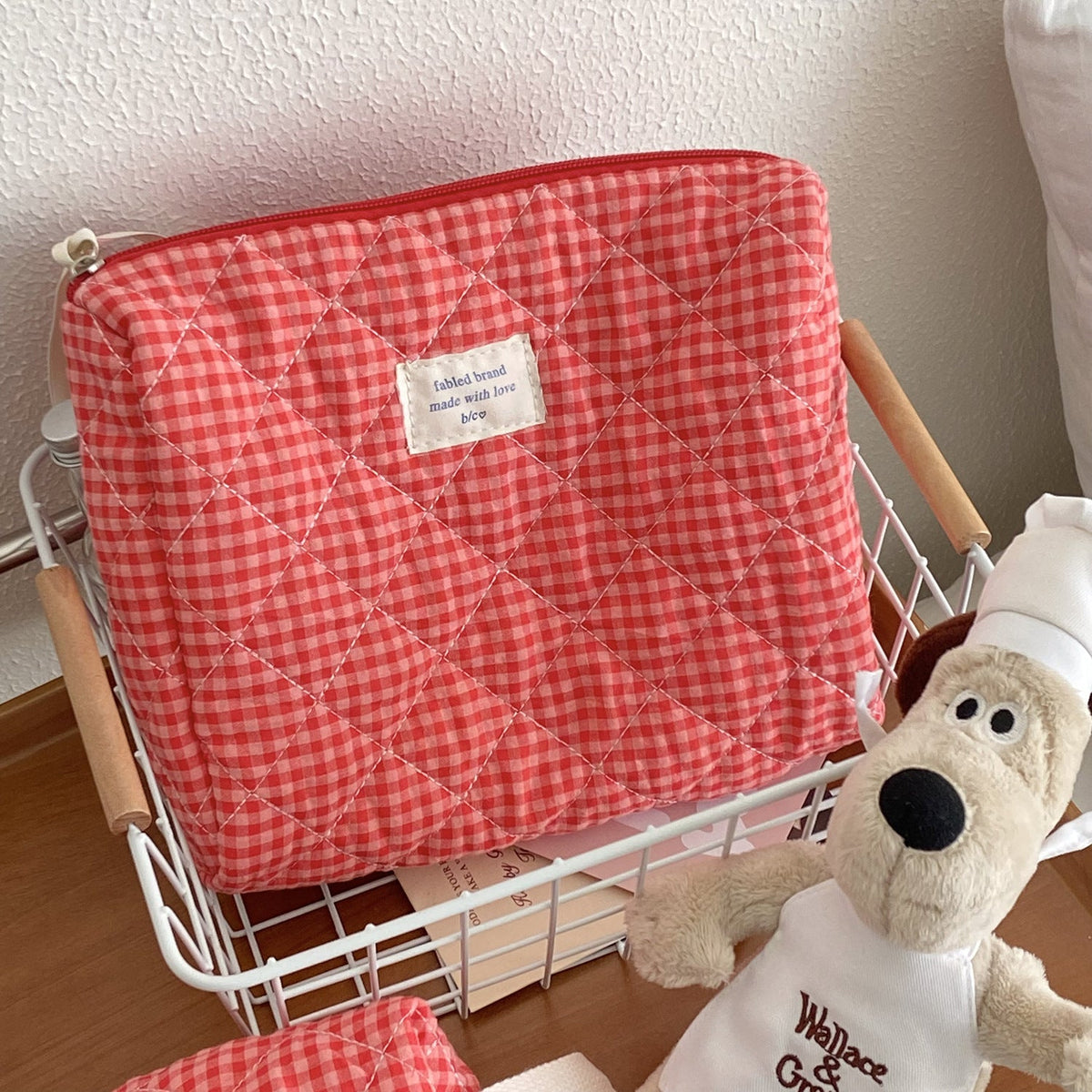 Berry Check Quilted Makeup Bag Large Capacity Cotton Cosmetic Organizer