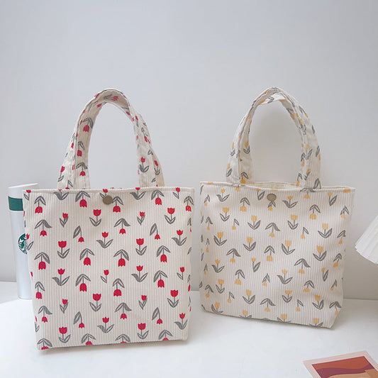 Floral Corduroy Tote Bag Stylish Casual Lunch Bag