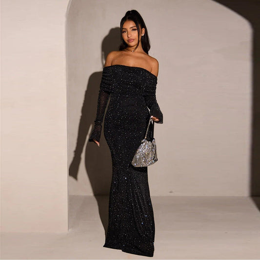 Sleek Black Sequined Midi Dress Off-Shoulder Bodycon Style