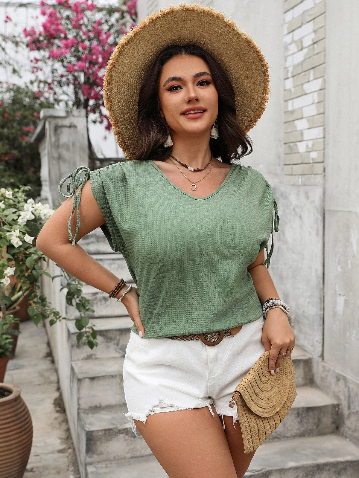 V-Neck Drawstring Short Sleeve Loose Top For Women