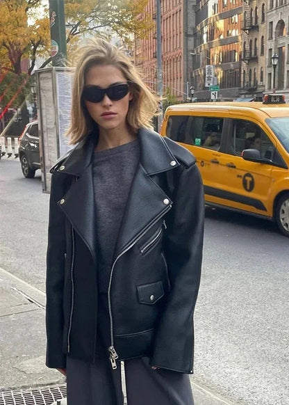 Oversized Faux Leather Moto Jacket With Zipper Details