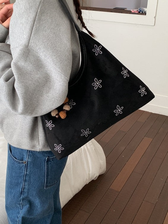 Floral Rhinestone Shoulder Bag Trendy Casual PU Handbag