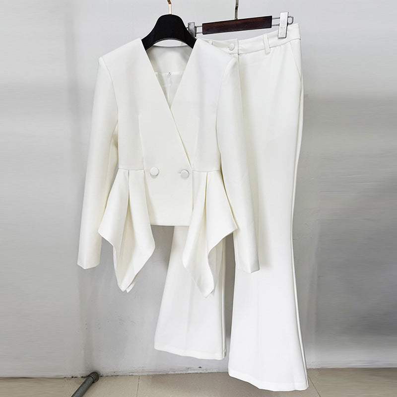 Ruffled Design Slim Fit Jacket And Palazzo Pants Set