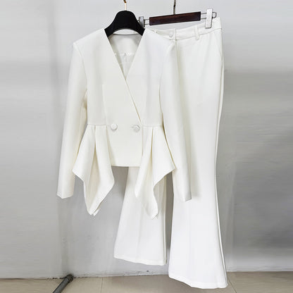 Ruffled Design Slim Fit Jacket And Palazzo Pants Set