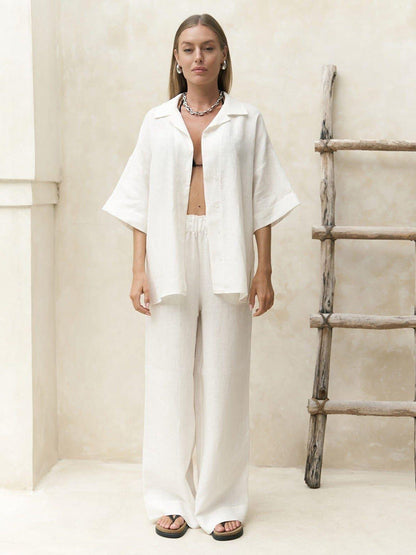 Casual Cotton Short Sleeve Shirt and Long Pants Set