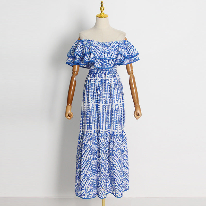 Long Dress Women'S Autumn New Double Ruffle Neck Embroidered Cutout Long Dress